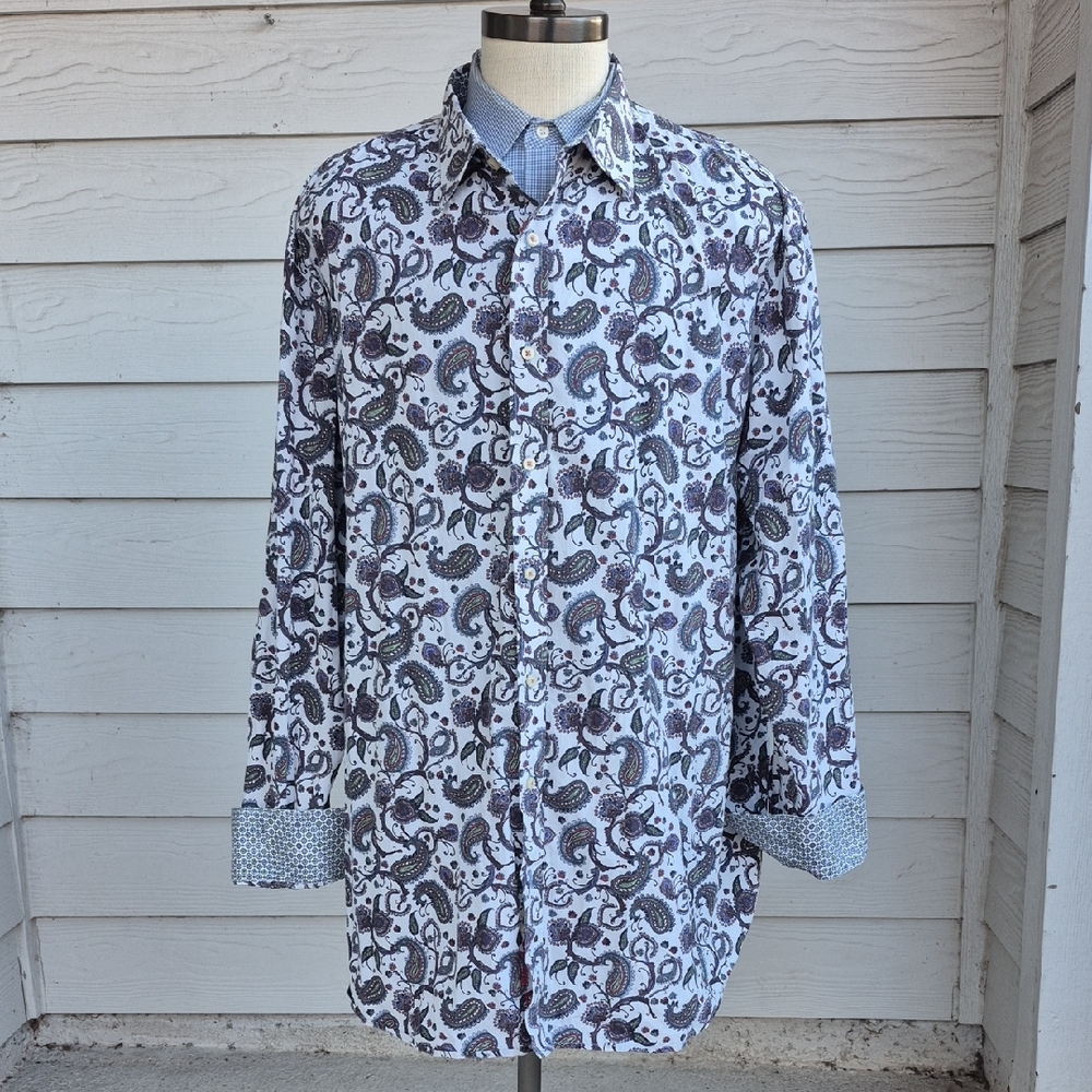 ROBERT GRAHAM White Green Blue Paisley Floral Cotton 3XLT Mens Long Sleeve Shirt